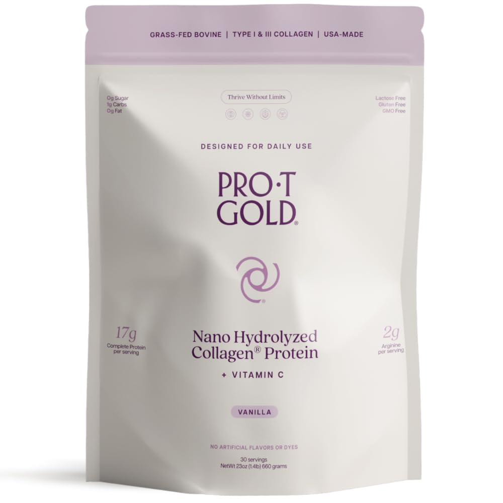 ProT Gold Collagen Protein Powder, 17g Protein Nano-Hydrolysed Grass Fed Collagen, Vitamin C, 2g Arginin für Wound Support, Glutenfrei, All Natural, Fat and Sugar Free, 0g Carbs, Vanilla, 23 oz, 30