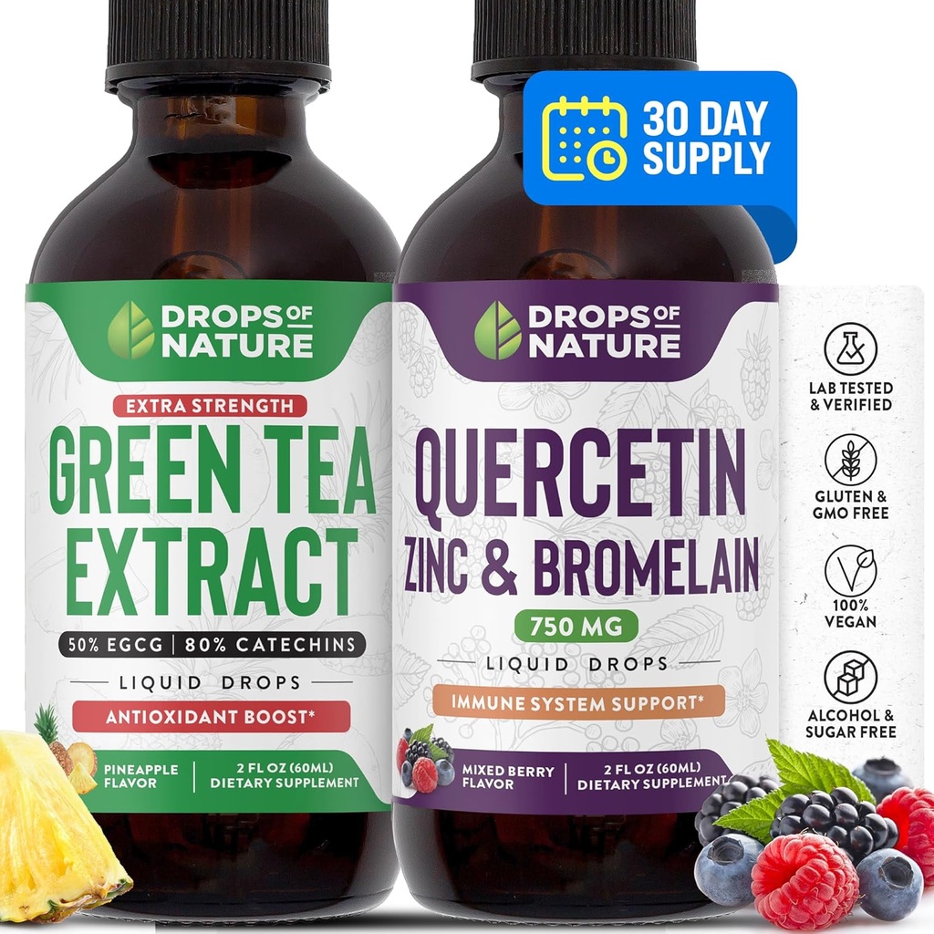 Tropfen der Natur Quercetin Flüssigkeitstropfen 750mg | Grüner Tee Extrakt 1000mg | Bundle