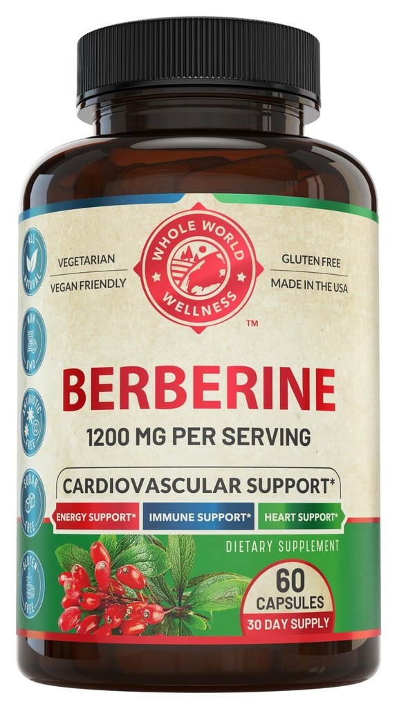1200mg Berberine Herbal Health Capsules Support Heart and Cardiovascular Health, Help Maintain Healthy Cholesterol, Triglyceride, Blood Sugar Levels, Supports Digestion, Boosts Metabolism, 60 Capsules