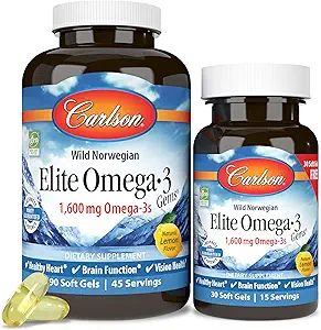Carlson Elite Omega-3 Gems 1600 mg Omega 3 Fettsäuren einschließlich EPA & DHA - Norwegian, Wild-Caught Sustainable Sourced Fish Oil Supplement, Omega 3 Fish Oil Capsules Lemon - 90+30 Softgels