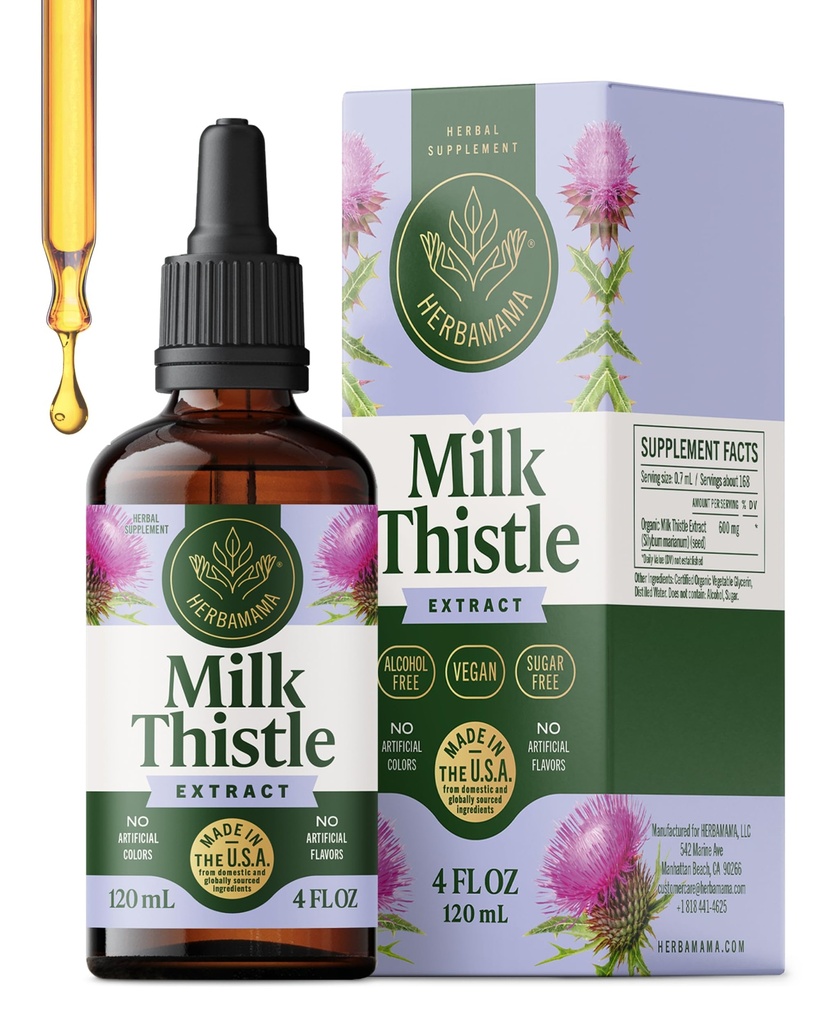HERBAMAMA Milchdistel-Ergänzung für Leberentgiftung – Leberunterstützungsergänzung – Enthält Silymarin – Vegan, Non-GMO, Alkohol & Zuckerfrei, 56-Tage-Versorgung