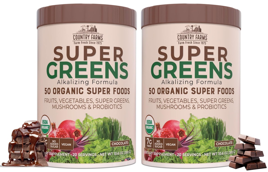 COUNTRY FARMS Super Greens Chocolate Flavor, 50 Bio Super Foods, USDA Organic Drink Mix, Früchte, Gemüse, Super Greens, Pilze & Probiotika, unterstützt Energie, 40 Servierungen, 10.6 Oz, 2 Pack