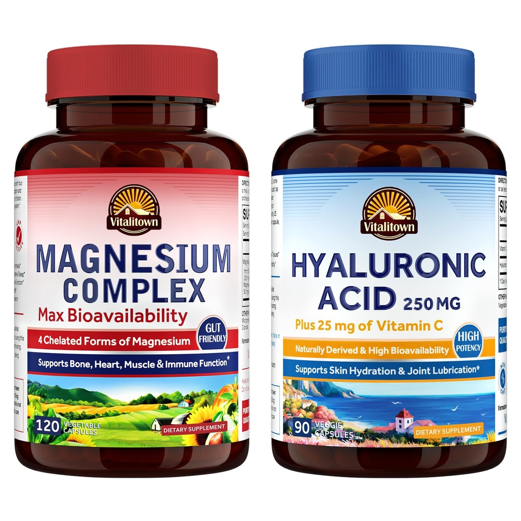 Vitalitown Magnesium + Hyaluronsäure Bundle| Magnesium Complex (Item 1) & Hyaluronsäure Plus Vitamin C (Item 2) | 120 Magnesiumkapseln & 90 Hyaluronsäurekapseln