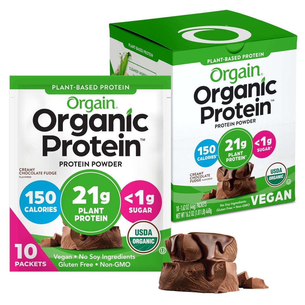 Orgain Organic Vegan Protein Powder, Creamy Chocolate Fudge - 21g Plant Protein, 6g Prebiotic Fiber, Low Carb, No Lactose Ingredients, No Added Sugar, Non-GMO, 10 Single Serve Individual Packets