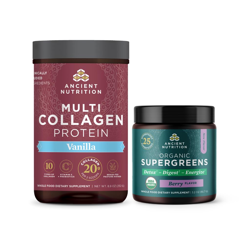 Antike Ernährung Multi Collagen Protein Pulver, Vanille, 24 Servierungen + Bio Supergreens Pulver, Berry, 12 Servierungen