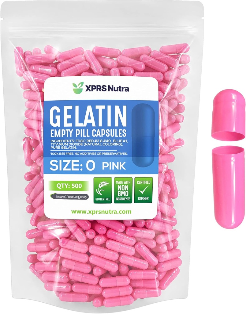 XPRS Nutra Größe 0 Leere Kapseln - 500 Graf Leere Gelatine Kapseln - Pillen für DIY Kapsel Füllung - Pure Bovine Pill Gel Kapseln für Do-It-Yourself Ergänzungen (Pink)