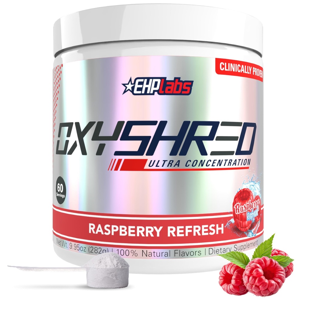 EHP Labs OxyShred Pre Workout Powder - Preworkout Pulver mit L Glutamin & Acetyl L Carnitin, Energy Boost Drink - Raspberry Refresh, 60 Portionen