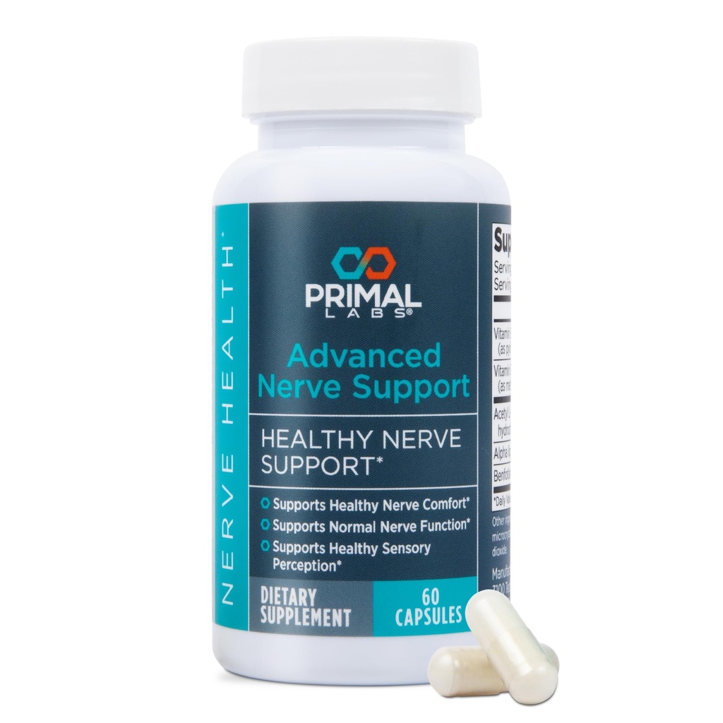 Primal Labs Advanced Nerve Support - Nerve Wellness Supplement mit Benfotiamin, B6, B12, Alpha Lipoic Acid, Acetyl-L-Carnitin - Nerve Wellness, Füße, Beine, sensory Function, Comfort - 60 ct.