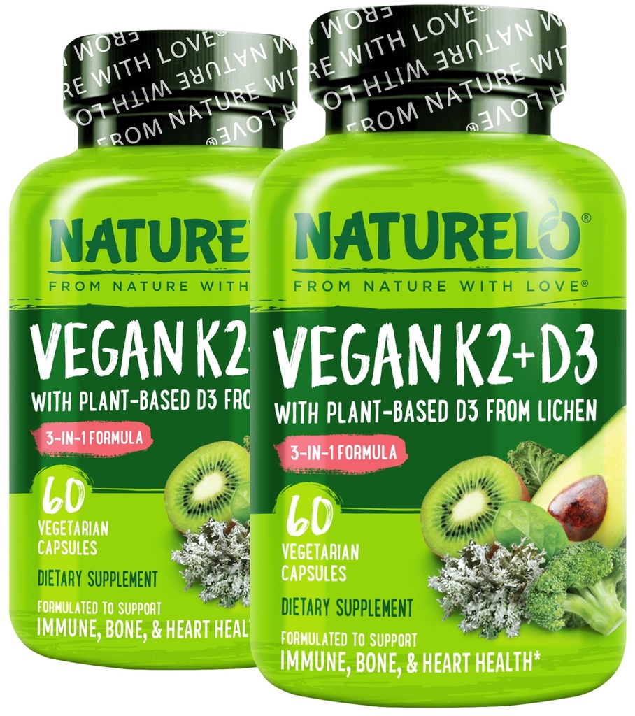 NATURELO Vitamin D3 K2 - Vegan K2+D3 mit Pflanzenbasis D3 von Lichen - Natürliche D3 Ergänzung für Immunsystem, Knochenunterstützung, Herzgesundheit - Ganzes Essen - Nicht-GMO - Glutenfrei, 60 Kapseln (Pack von 2)
