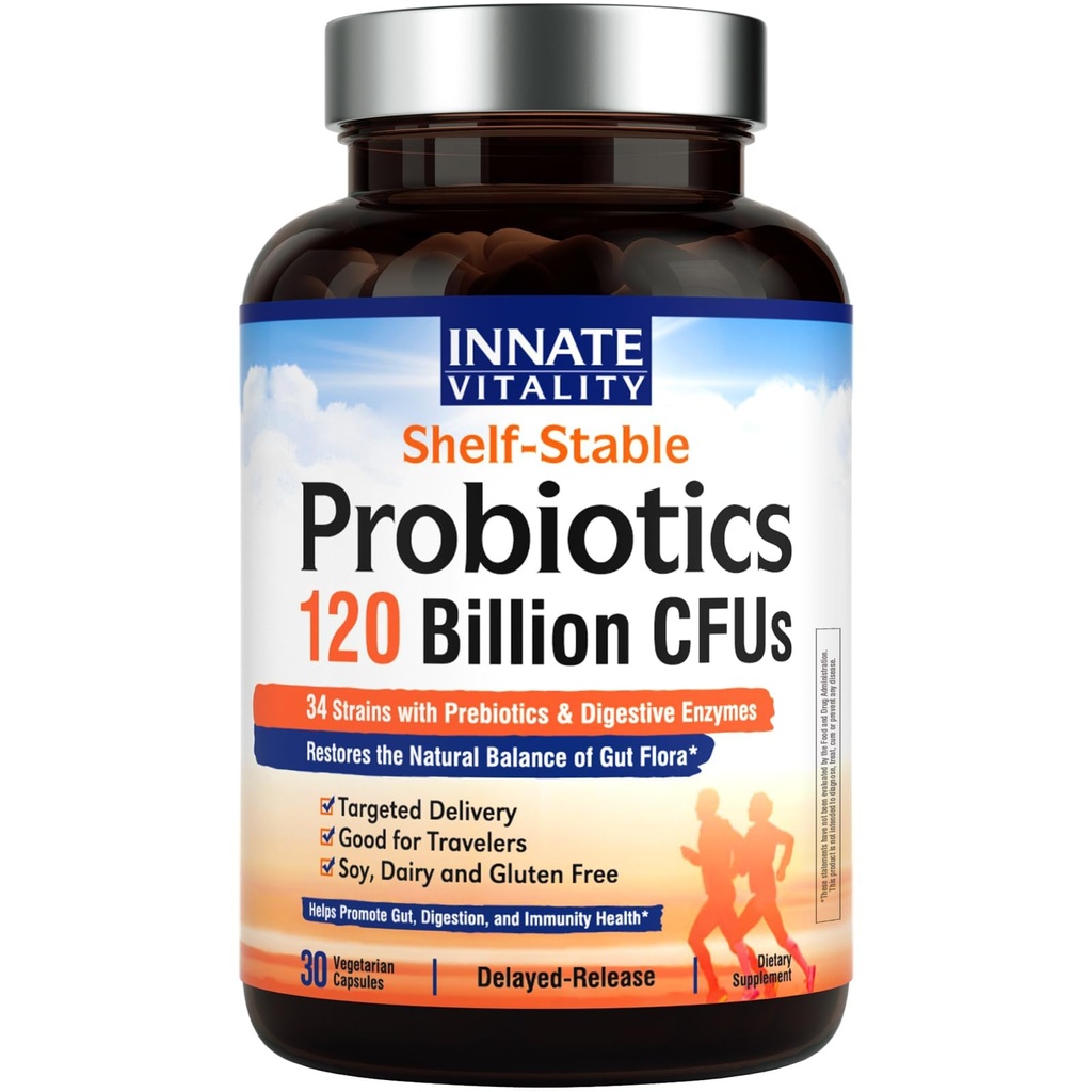 Innate Vitality Probiotics 120 Billion CFUs für Männer & Frauen, 34 Strains mit Präbiotika & Verdauungsenzyme, Immun- & Verdauungs-Gesundheit, Delayed Release, Regal Stabil, 30 Vegan Kapseln