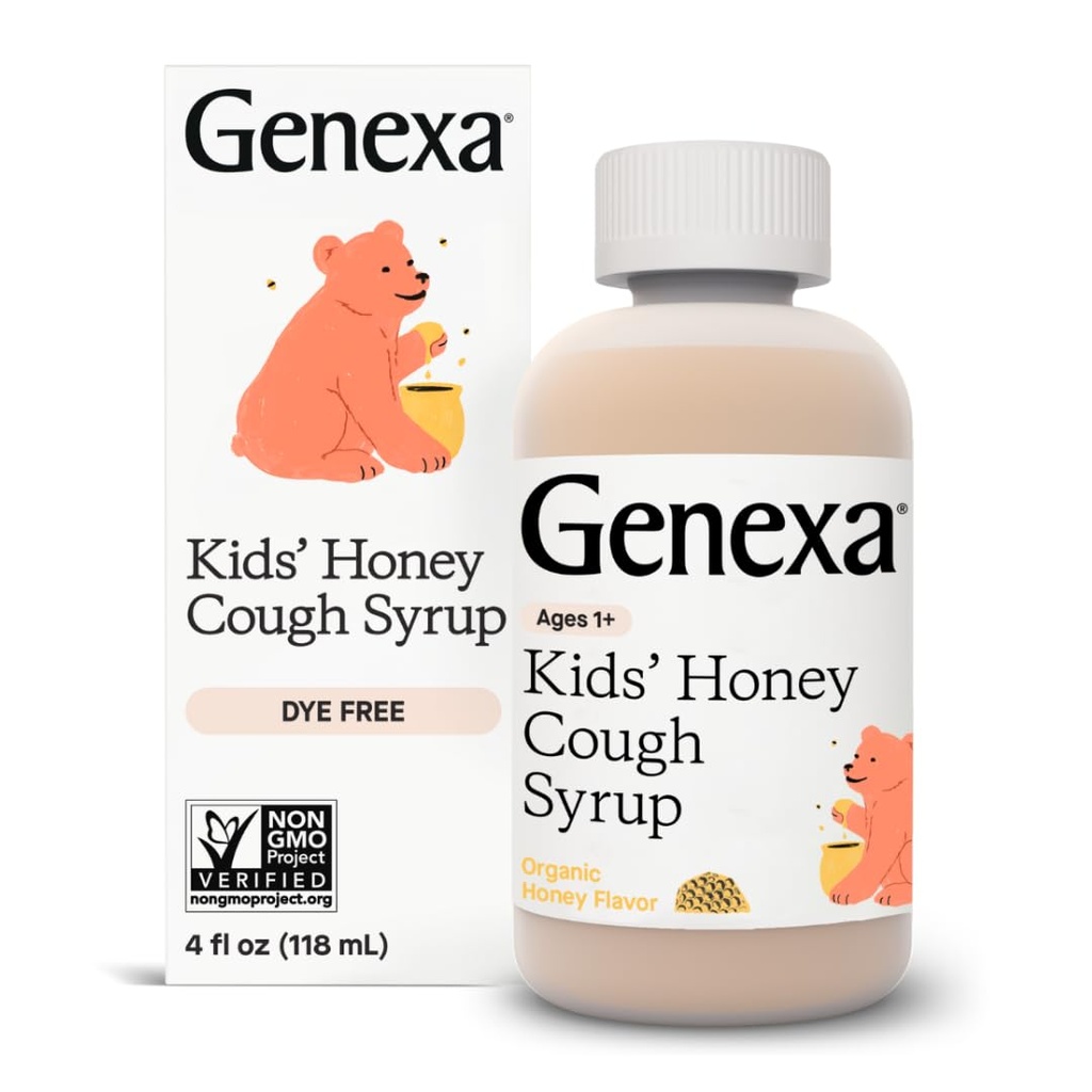 Genexa Kinder Bio-Honig Husten-Sirup, Farbstofffrei, 0% Künstliche Zusatzstoffe, Kinder Husten-Remedy für Kinder 2-11, Beruhigende natürliche Honig-Flaschen, Glutenfrei, & Non-GMO 4 fl oz