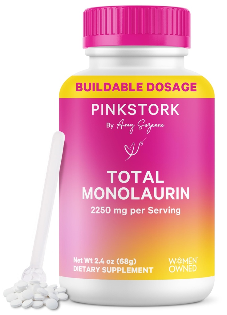Pink Stork Monolaurin Pellets – Vegane Lauric Säure Immune & Gut Unterstützung für Frauen – Mikrobielle Balance, Verdauungskur – Odorless, Scoopable Monolaurin Supplement – 226g – 75 Servietten