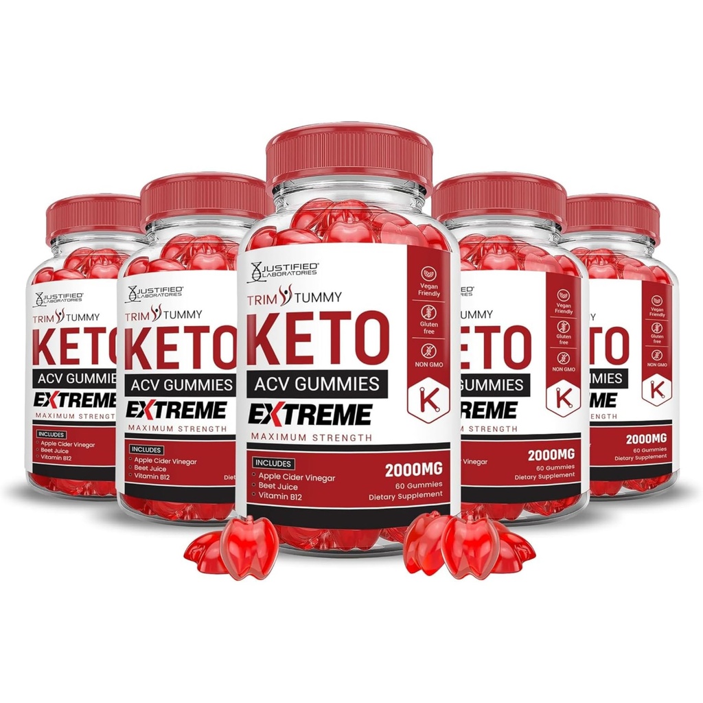 Justified Laboratories (5 Pack Trim Tummy Keto ACV Gummis Extreme 2000MG Trim Tummy Keto Gummies Apfel Apfelessig mit Granatapfel Rübensaft Pulver B12 Vegan Non GMO 300 Gummys