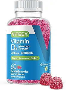 Viteey Vitamin D3 Gummies for Adults & Teens - 10,000 IU, 250mcg, Maximum Strength - Joint & Muscle Health, Immune Boost - Chewable Vitamin D Gummies - Vegetarian, Gelatin Free - Tasty Berry Flavored