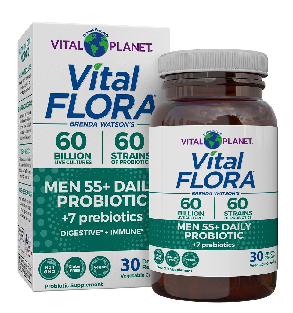 Vital Planet - Vital Flora Men 55+ Daily Probiotic, 60 Billion CFU, 60 Diverse Strains, 7 Bio-Präbiotika, Immununterstützung, Gasentlastung, Colon und Digestive Health Probiotics für Herren 30 Kapseln