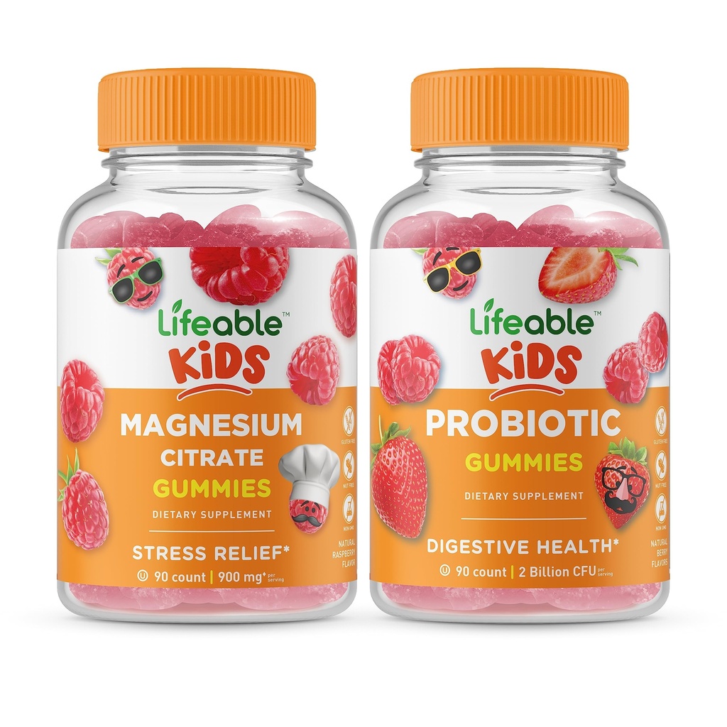 Lebensfähiges Magnesium Kids + Probiotic 2 Billion CFU Kids, Gummies Bundle - Große Verkostung, Vitamin Supplement, Glutenfrei, GMO frei, Kaugummi