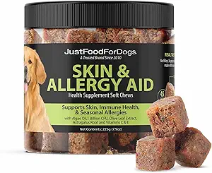 JustFoodForDogs Skin & Allergy Care Soft Chews Ergänzung für Hunde, Saisonale Allergien, Itchy Skin Relief, Entzündung, Immununterstützung - 45 Count