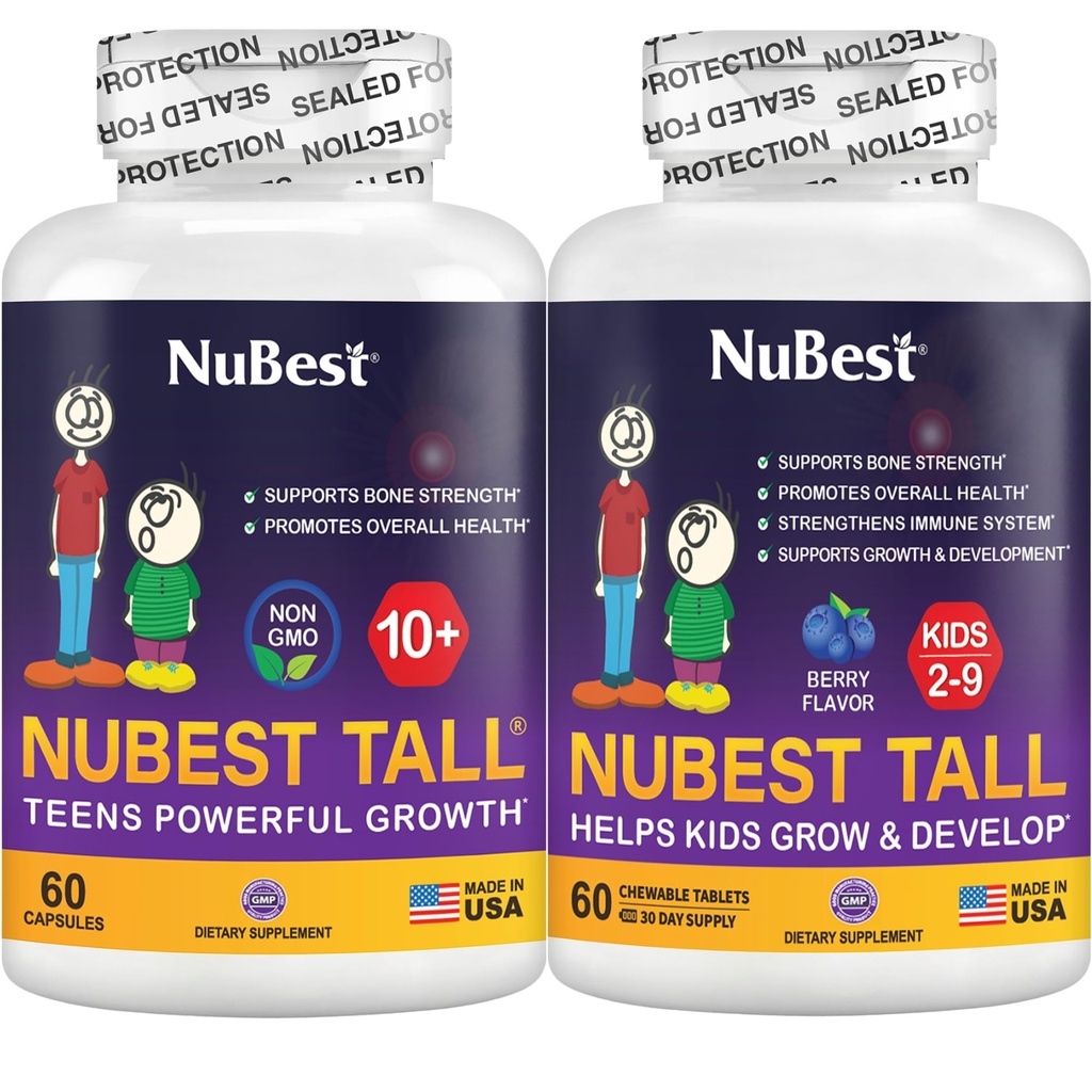 NuBest Bundle Tall 10+ 60 Kapseln Kleinkinder 60 Kautabletten | Höhe Wachstum Unterstützung für Kinder & Jugendliche | Kalzium, Vitamine D3 K2, Collagen & Kräuter