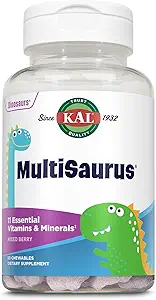 KAL MultiSaurus Kids Chewable Multivitamine, 11 essentielle Vitamine und Mineralstoffe für Kinder, gemischte Berry Flavor, Gluten und Konservierungsmittelfrei, 60 Servierungen, 60 Dinosaur-Shaped Chewables