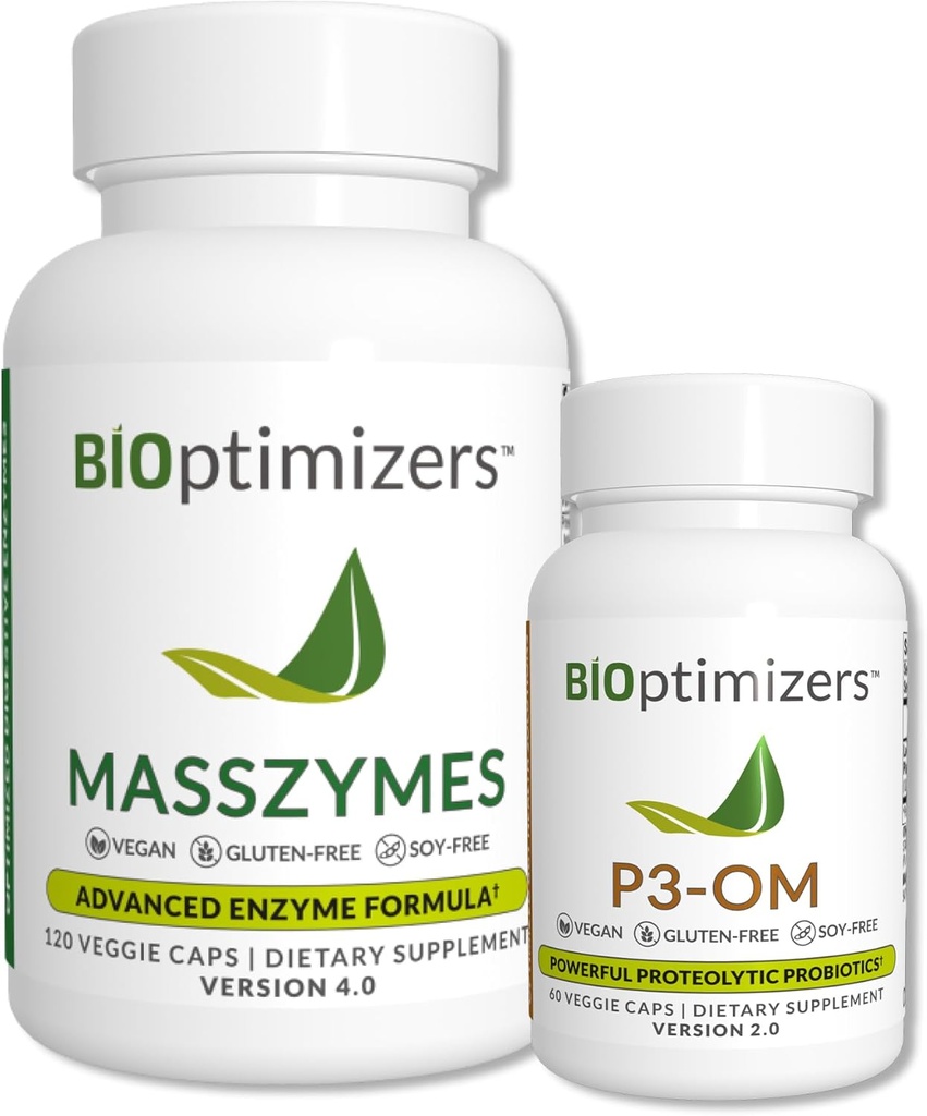 BiOptimizers - P3-OM und MassZymes Bundle - Premium Digestive Enzyme und Probiotika für Frauen und Männer - Doctor-Formuliert (120 MassZymes Kapseln, 60 P3-OM Kapseln)