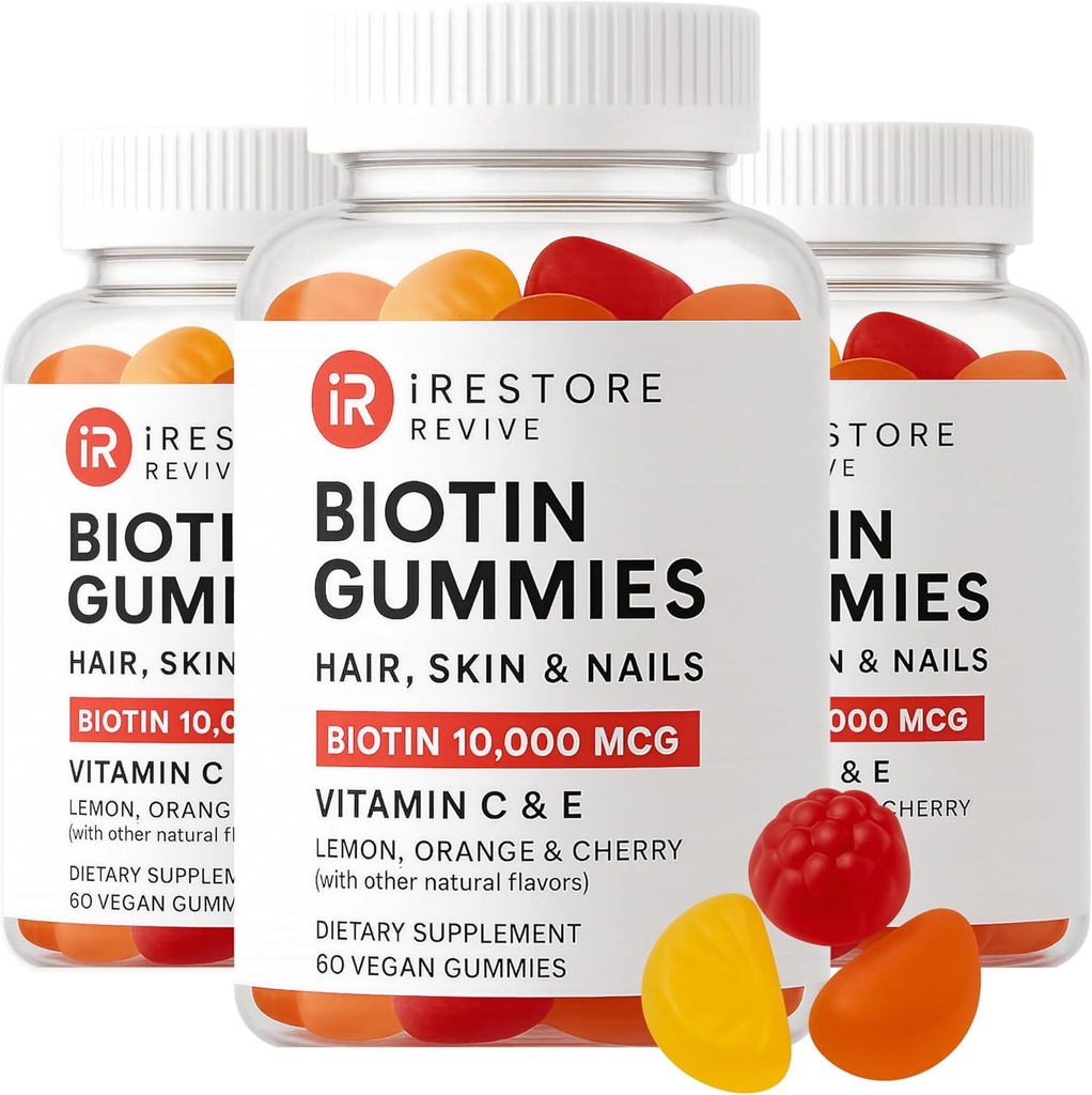 iRestore Hair Gummy Vitamins, Vegan Biotin Gummis für Haar Haut und Nägel, Haarwachstum Gummis für Frauen & Männer, Biotin 10.000mcg, 3PK