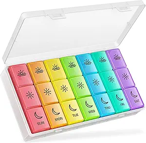 BUG HULL Pill Organizer 3 Mal pro Tag, Große wöchentliche Medizin Pill Organizer 3X pro Tag, 7 Tage Pill Box Cases Morgen Mittag Abend für Vitamin, Cod-Liver Öl, Beilagen (Rainbow White)