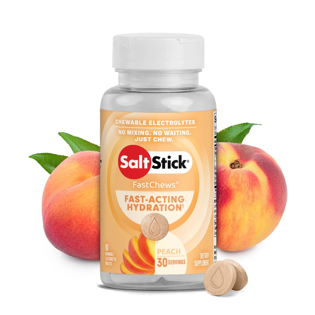 SaltStick Electrolyte FastChews - 60 Peach Chewable Electrolyte Tablets - Salztabletten für Läufer, Sporternährung, Elektrolytkäse für Hydration
