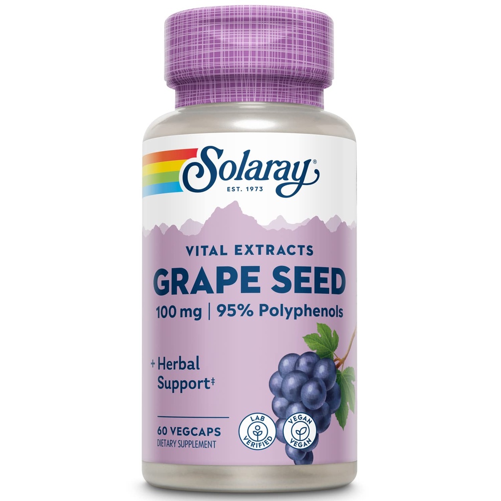 SOLARAY Grape Seed Extract 100 mg Plus Bioflavonoid Complex | Gesunde Herz-Kreislauf- & Blutgefäß-Unterstützung | 60 VegCaps