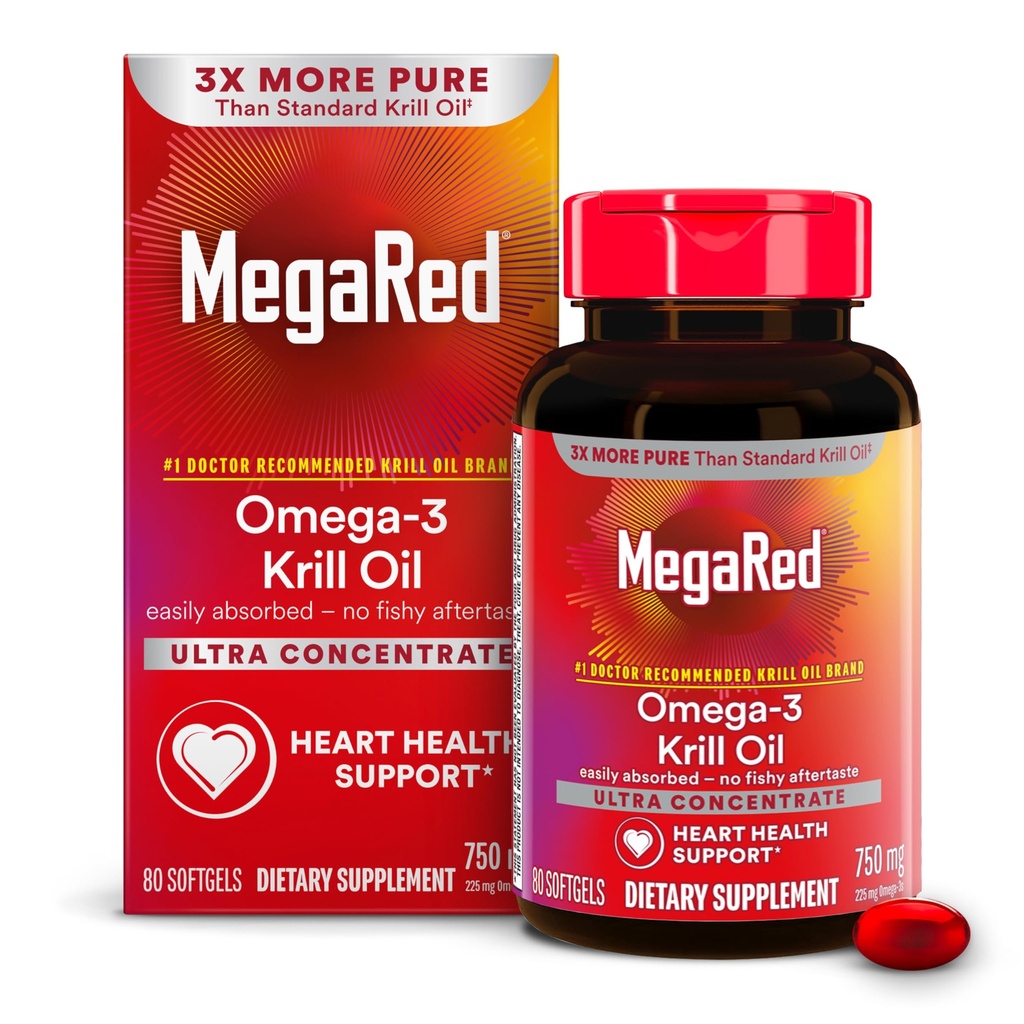 MegaRed Antarctic Krill Oil 750mg, Omega-3-Fettsäure-Supplement, Ultrakonzentrat EPA & DHA Softgels, Antioxidans Astaxanthin, Herzgesundheitsergänzung ohne Fischöl-Nachgeschmack, 80ct