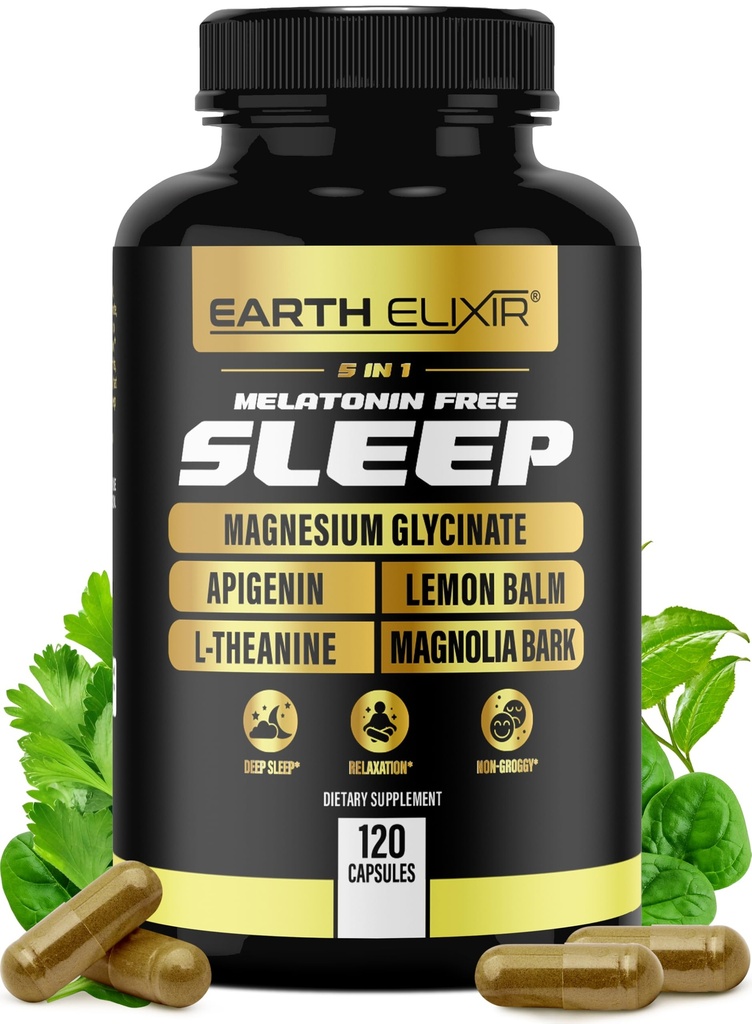 Earth Elixir 4-in-1 Schlafhilfe (120 Caps) w/Apigenin 50mg, Magnesium Glycinate 200mg, L Theanine 200mg & Valerian Root für Schlafhilfe 300mg | Apigenin Ergänzung für Schlaf | Schlafpillen