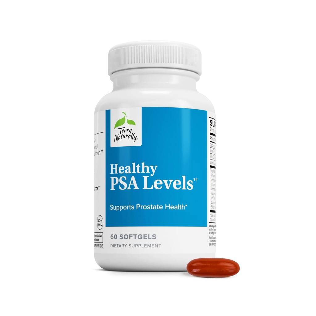 Terry Naturally Healthy PSA Levels - Nahrungsergänzungsmittel für gesunde Prostata und Hormon Balance Unterstützung - Kräuterergänzung mit Curcumin, Turmeric Essential Oil & Grape Seed Extract - 60 Softgels
