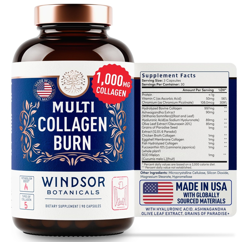 Thermogenic Multi Collagen Burn Capsules - Hydrolysed Multi Collagen Complex Types I, II, III, V, X, Marine Collagen, Hyaluronsäure - Beauty and Anti-Aging Supplement für Damen und Herren - 90 Pillen