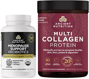 Antike Ernährung Regenerative Bio-zertifizierte Probiotika für Menopause, 60 Count + Multi Collagen Protein Powder Unflavored, 45 Servierungen