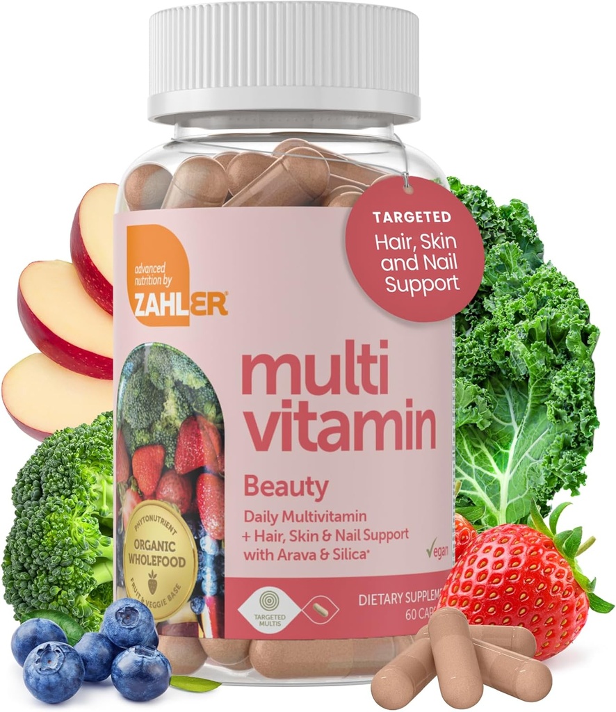 Zahler Multivitamin Beauty, Daily Multivitamin +Skin Hair and Nails Support, für Frauen und Männer mit Eisen, zertifiziert Kosher, 60 Kapseln