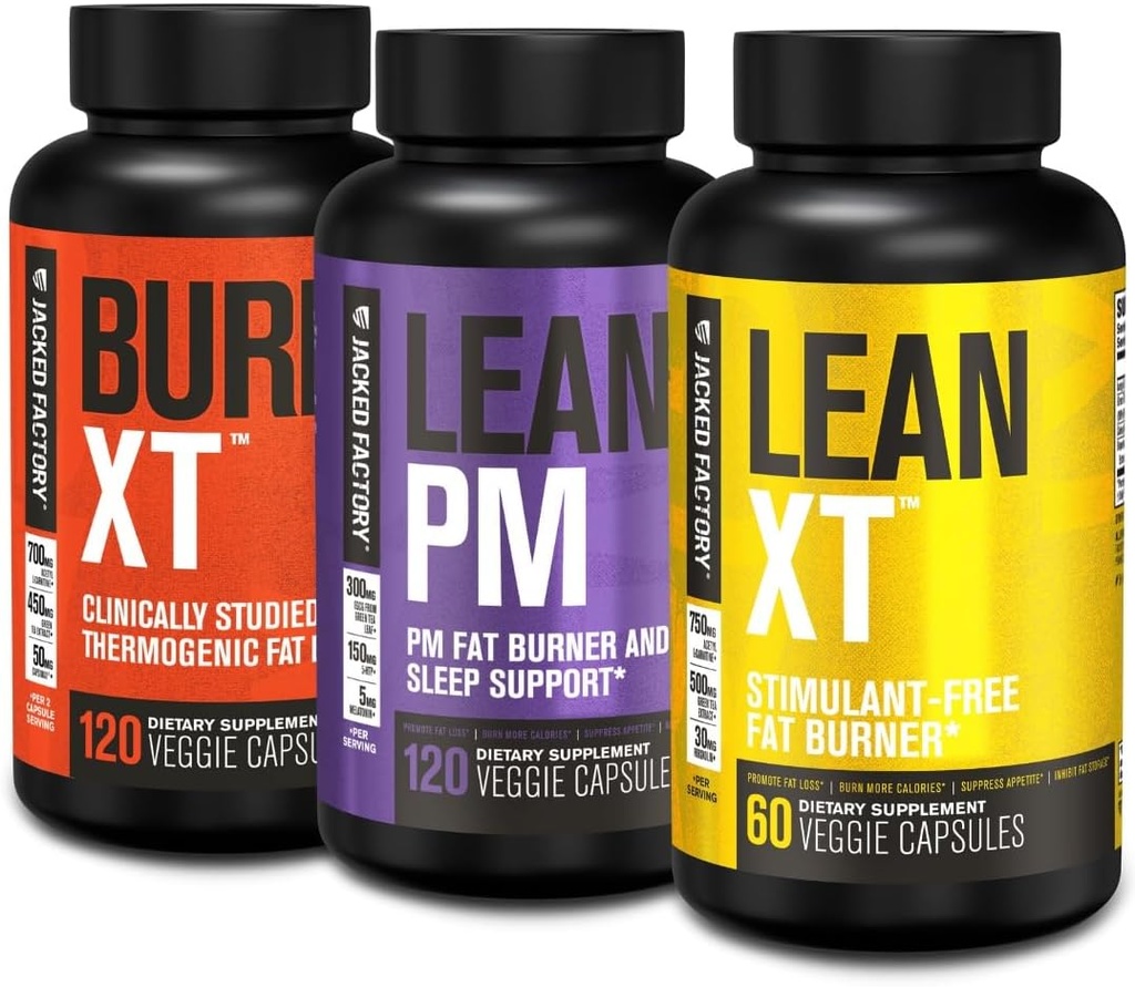 Jacked Factory Burn-XT Klinisch untersucht Thermogenic Fat Burner (120 Kapseln), Lean PM Nighttime Fat Burner und Sleep Aid (120 Kapseln), Lean-XT Koffein-freie Gewichtsverlust Ergänzung (60 Kapseln)