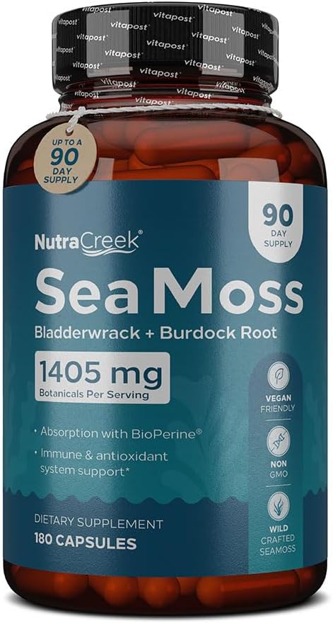 Sea Moss | Irish Sea Moss Capsules mit Bladderwrack, Burdock Root & BioPerine für Absorption. Präbiotische und Immununterstützung | 90 Tage Versorgung - 180 Kapseln