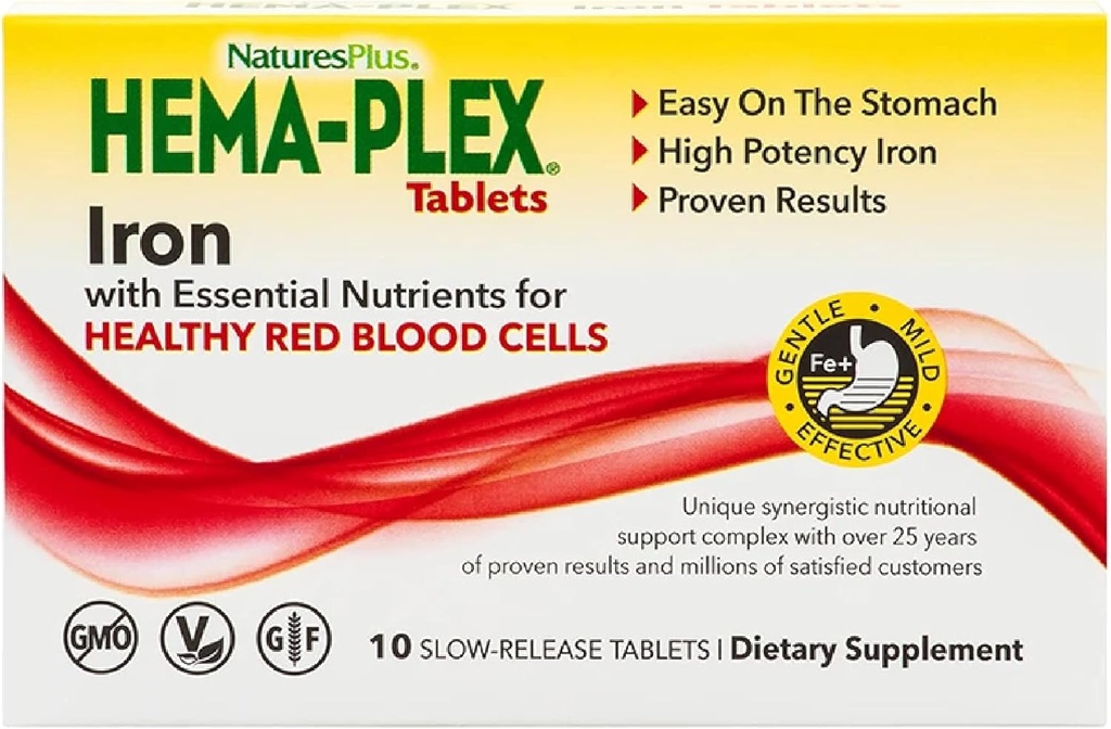 NaturesPlus Hema-Plex Iron - 10 Slow-Release Tabletten - 85 mg Chelate Iron - Total Blood Health - mit Vitamin C & Bioflavonoids - Vegan, Glutenfrei - 10 Portionen