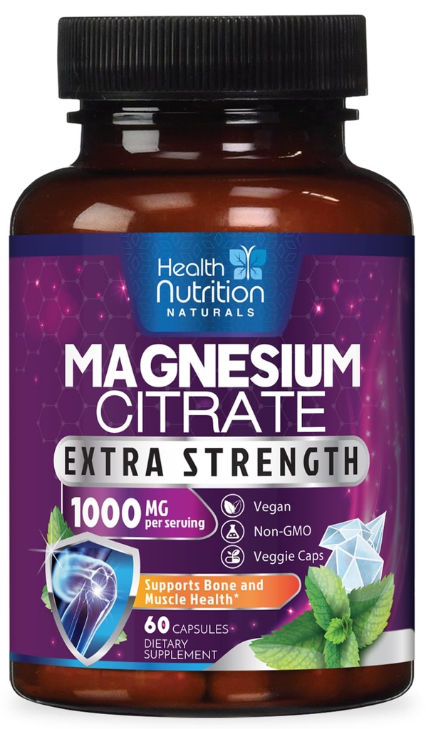 Magnesium Citrat Kapseln 1000mg - Max Absorptionspulver Magnesium für Muskel, Nerve, Knochen und Herz-Gesundheit Unterstützung, hohe Absorption Citrat-Komplex, Glutenfrei, Non-GMO - 60 Kapseln