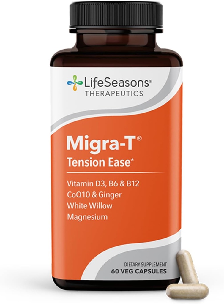 LifeSeasons Migra-T mit Relieve-R - Migraine Prevention & Relief Supplement - Unterstützung für schwere Kopfschmerzen - Reduziert leichte Sound & Odor Sensitivity - Feverfew, White Willow, Magnesium Ginger & CoQ10