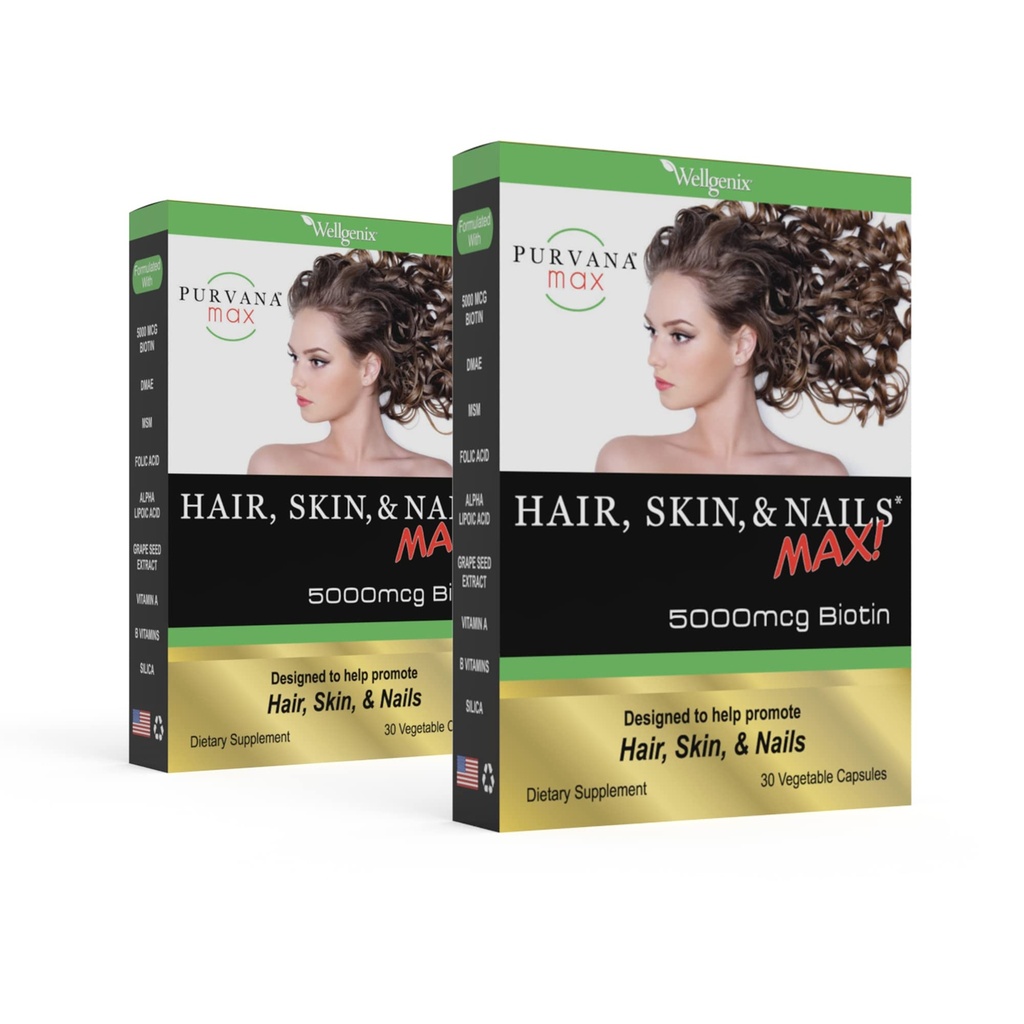 Purvana Max Hair, Skin und Nails Vitamin - 5000mcg Biotin, Folsäure, DMAE, Grape Seed Extract - One a Day Vegan Hair, Haut, Nails Support - Fördert Collagen Production - 30 Caps (Pack von 2)