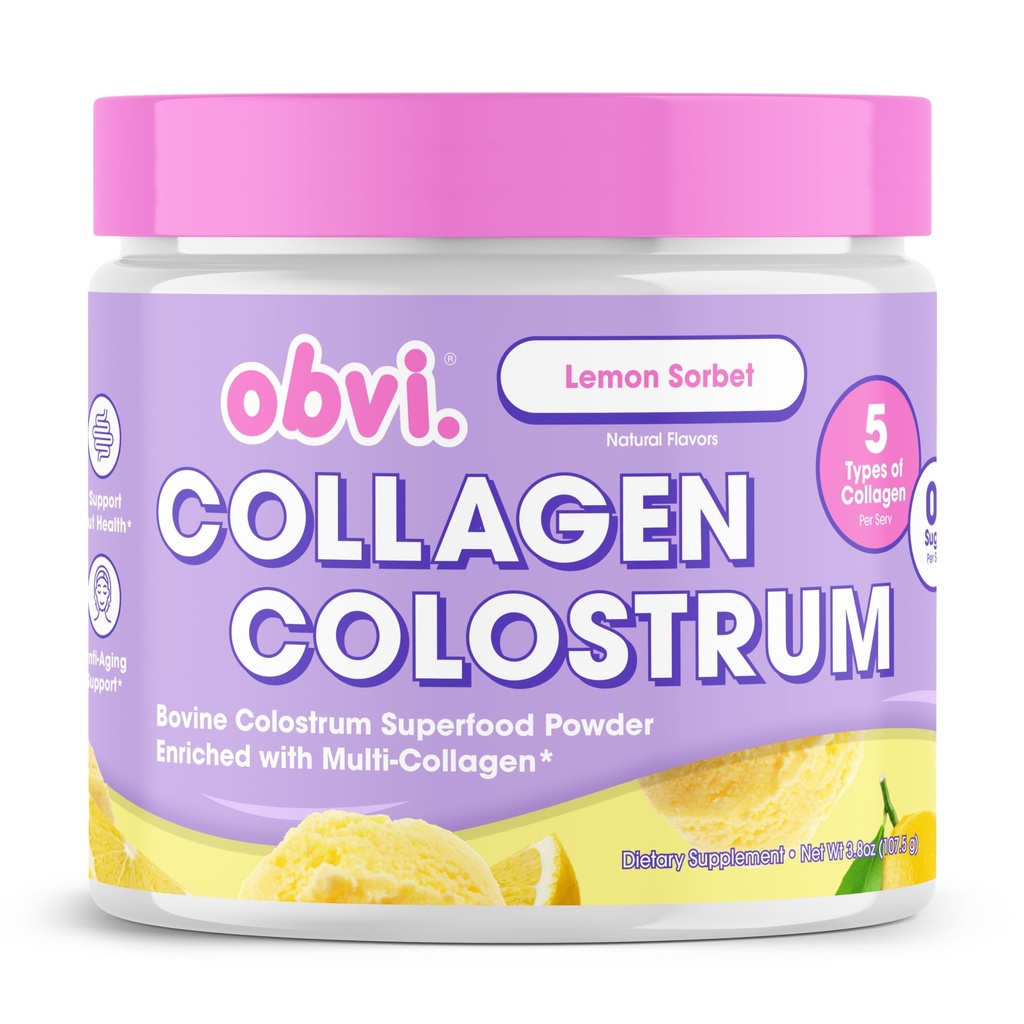 Obvi Collagen Peptide Colostrum Powder | Multi-Collagen Peptide mit Grass-Fed Bovine Colostrum | Unterstützt Gut Gesundheit, Immune, Haut und Haar | Glutenfrei, Keto-Friendly | Lemon Sorbet, 30 Servietten