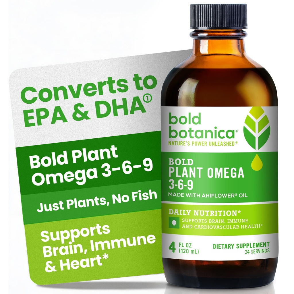 Bold Botanica Plant Omega 3-6-9, mit Ahiflower Oil, Vegan Omega 3, Komplette pflanzenbasierte Omegas für Gehirn & Immune Gesundheit, besser als Flax, Fisch frei, Großer Geschmack, Zuckerfrei, Non-GMO, Liquid- 4 oz