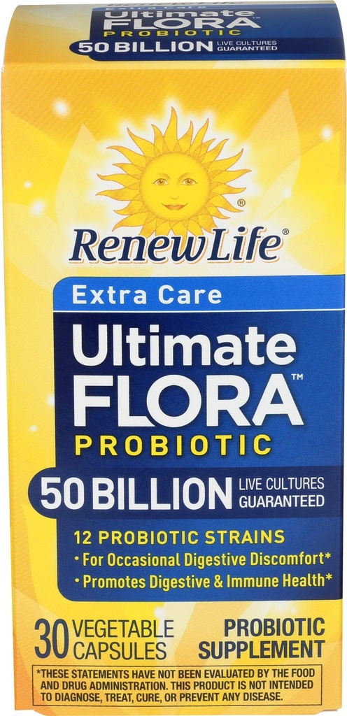 Renew Life Extra Care Digestive Probiotic Capsules, 50 Billion CFU Garantiert, Tägliche Ergänzung unterstützt Immun-, Verdauungs-, Atmungs-Gesundheit(1), L. Rhamnosus GG, Dairy, Soy und Gluten-Free, 30 Count