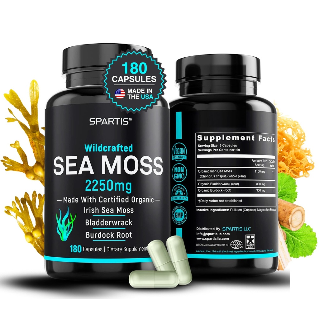 Certified Organic Sea Moss Capsules 2250mg Wildcrafted Irish Sea Moss Burdock Root Bladderwrack Supplement Raw Seamoss Pills & Powder (Pack von 1 bei 180-Caps)