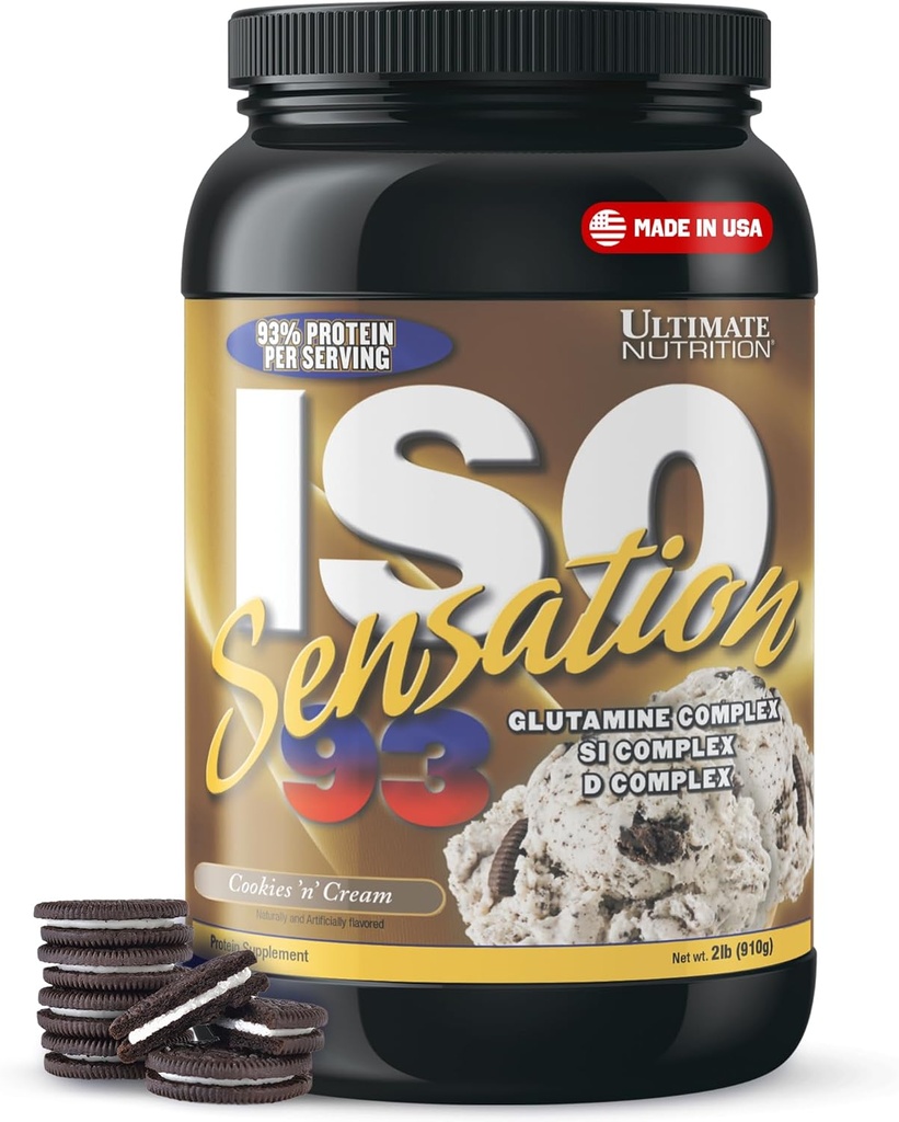 Ultimate Nutrition Whey Protein Isolate Pulver mit Glutamin Complex, ISO Sensation 93 - Whey Protein Pulver mit hinzugefügtem Kolostrum für verbesserte Erholung, Immunität & Gut Gesundheit - Cookies N Cream, 2lbs
