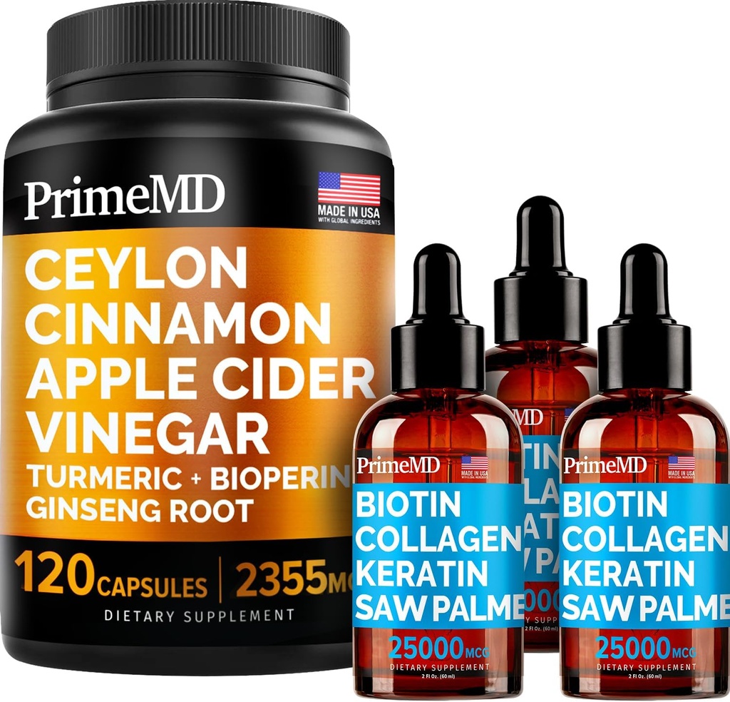 4-in-1 Liquid Biotin Collagen Keratin Saw Palmetto Tropfen (2 fl oz - 3 Pack) & 5-in-1 Ceylon Cinnamon w Turmeric & Ginseng Root (120ct) Bundle - Haar, Haut, Nägel, & Immununterstützungsergänzung