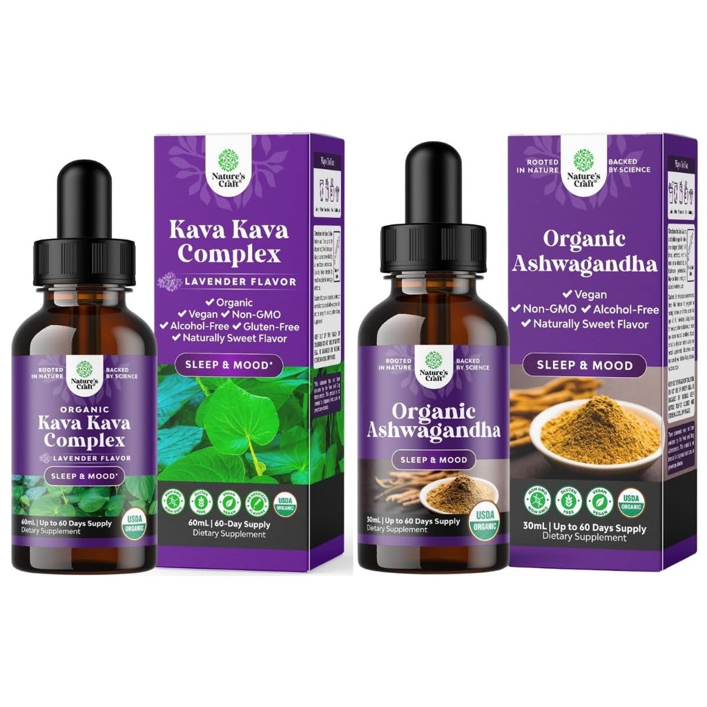Bundle of Potent Liquid Kava Kava Drops Supplement mit Kavalactonen für besseren Schlaf und USDA Organic Ashwagandha Liquid Drops - Ashwagandha Root Extract für Stress und Stimmung Unterstützung für Erwachsene