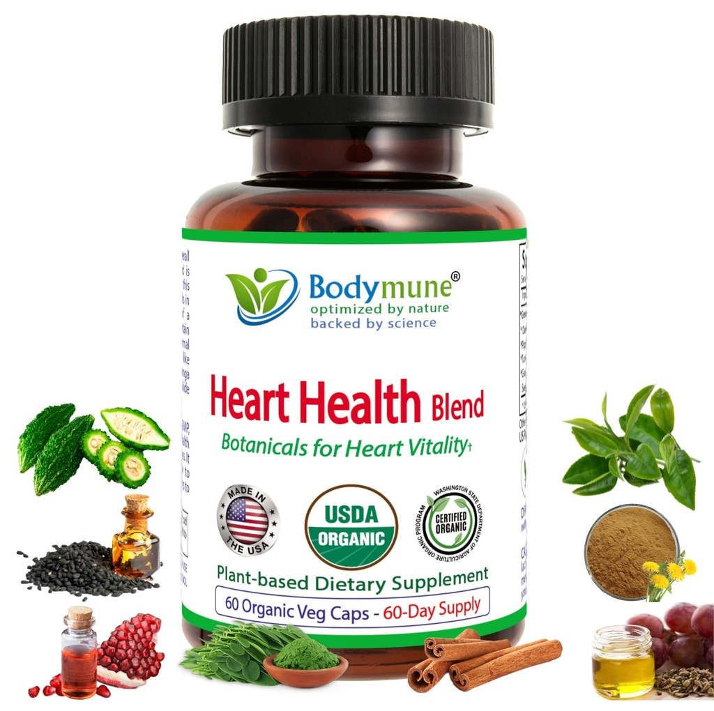 Bodymune Heart Health Blend Cholesterol Support – Organic Cardiovascular & Circulation Supplement – with Green Tea, Pomegranate & Black Seed Oil – 60 Capsules – USDA Organic, Vegan