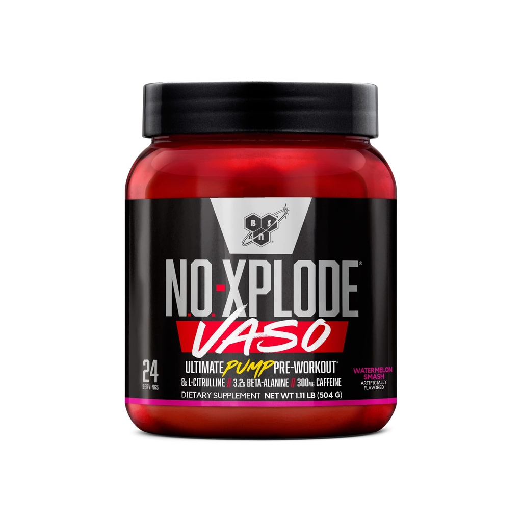 BSN N.O.-XPLODE Vaso Pre Workout Powder mit 8g L-Citrulline und 3,2g Beta-Alanin und Energie, Geschmack: Wassermelon Smash, 24 Portionen