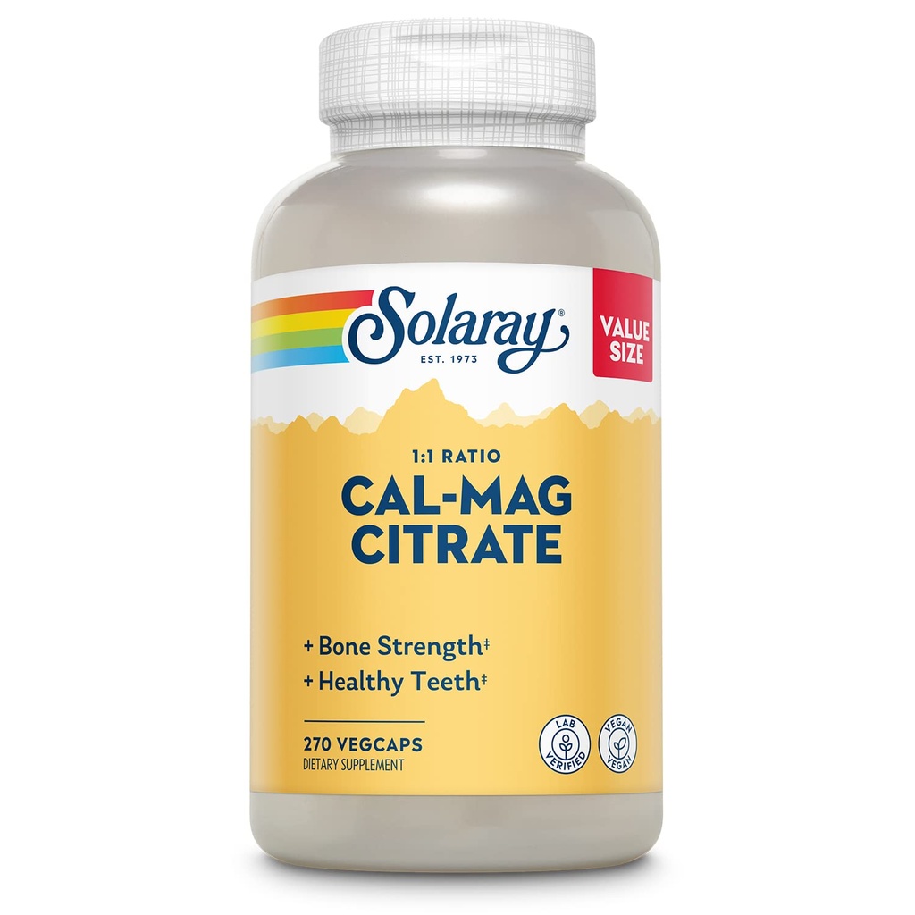 Solaray Calcium Magnesium Citrate 1000mg 1:1 Ratio, Knochenstärke-Ergänzung, Muskel-, Nerven- und Knochengesundheitsunterstützung, Chelat für hohe Absorption, 60-Tage-Garantie, 45 Servietten, 270 VegCaps